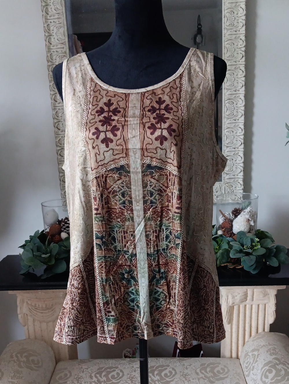 Boho Printed Sleeveless Tank Top in Beige and Brown